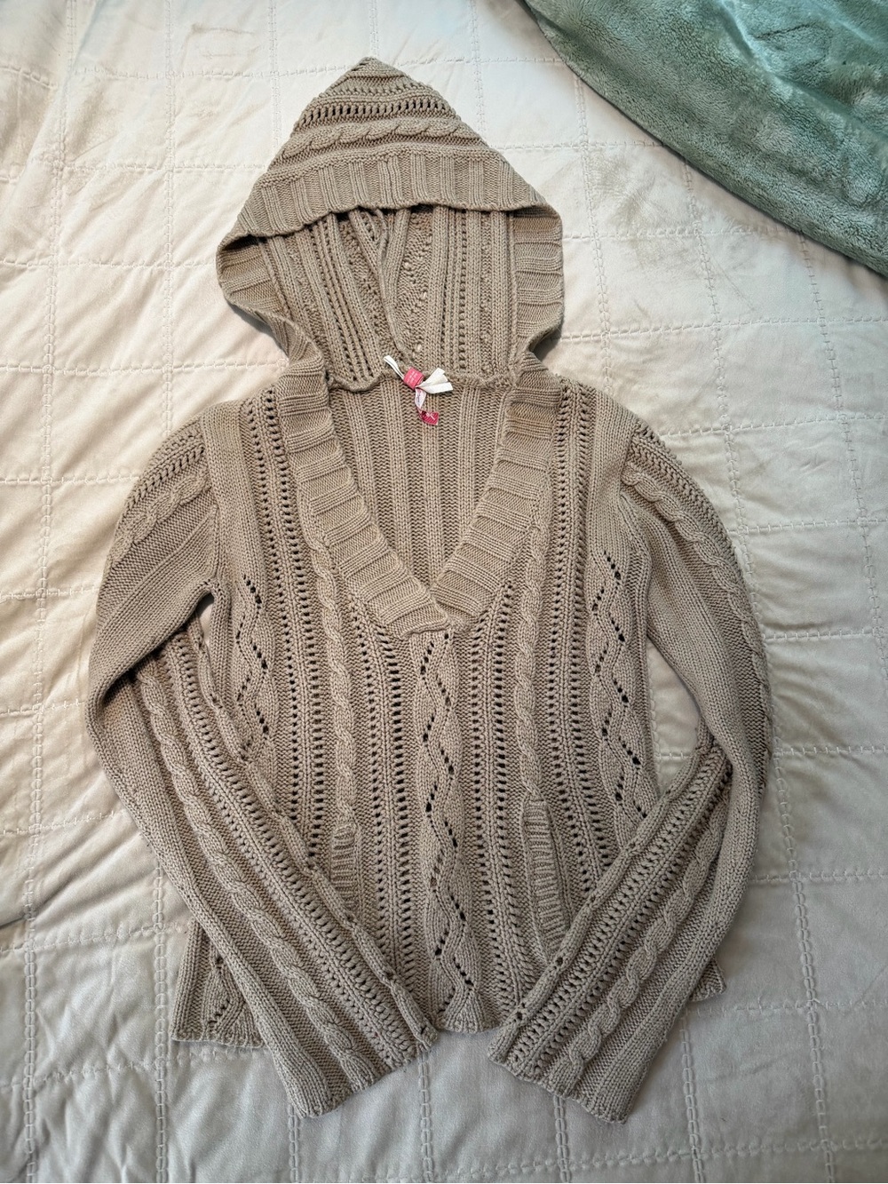 Derek Heart Taupe Hooded Cable V-Neck Sweater